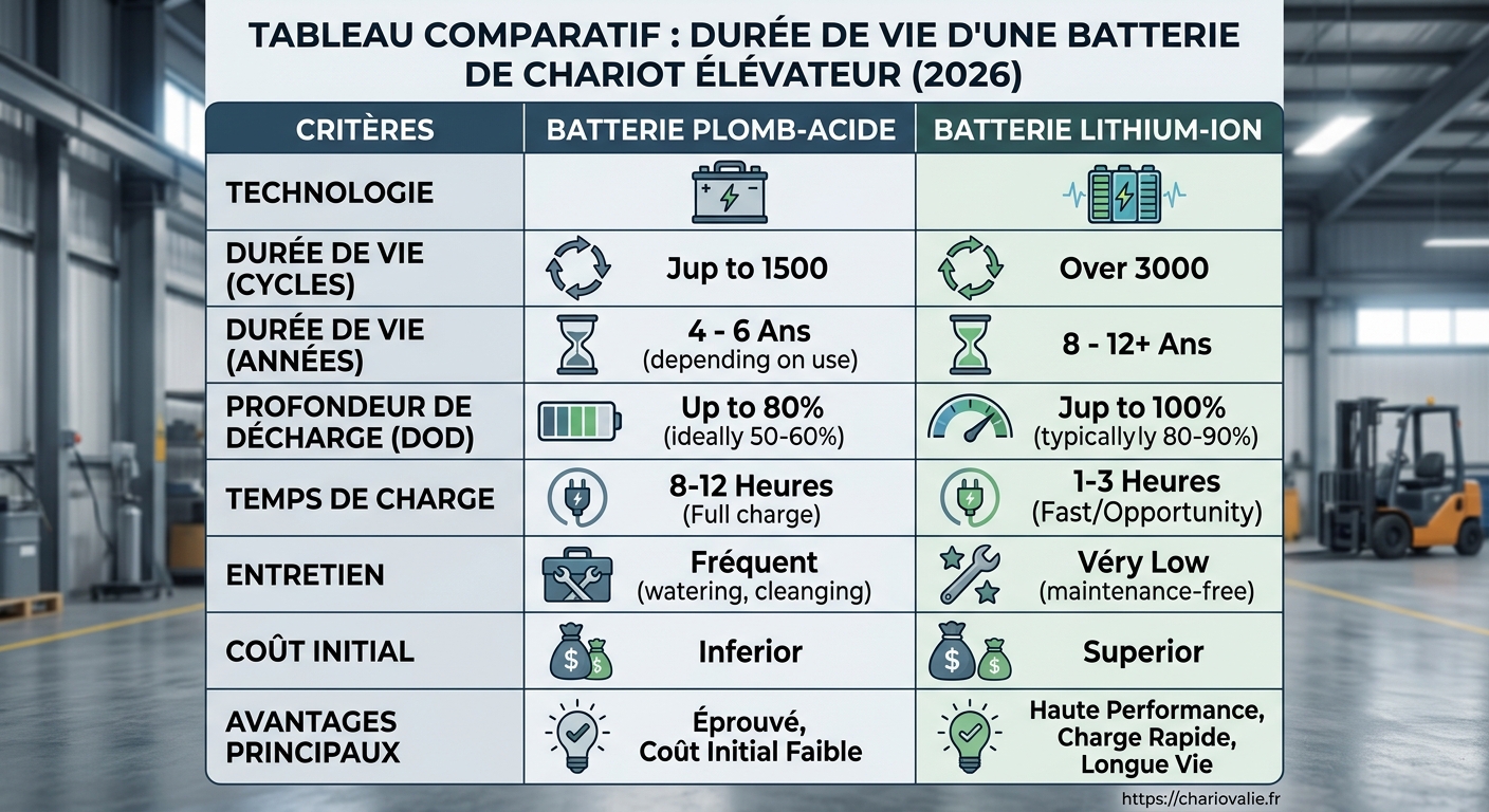 Durée de vie d'une batterie de chariot élévateur (Guide) 6 Tableau comparatif coûts et durée de vie d'une batterie de chariot élévateur