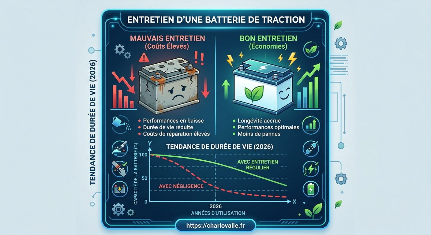 Graphique de corrélation entre l'entretien d'une batterie de traction et sa capacité.