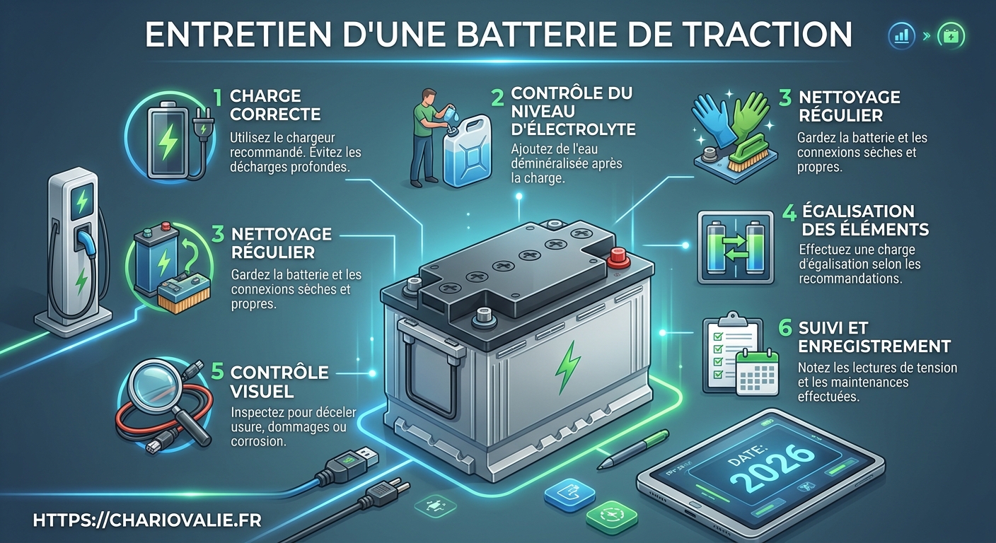 Protocole d'entretien d'une batterie de traction en 5 étapes.