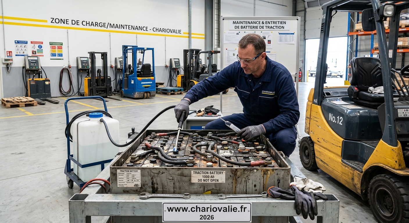 Technicien effectuant le contrôle et l'entretien d'une batterie de traction.
