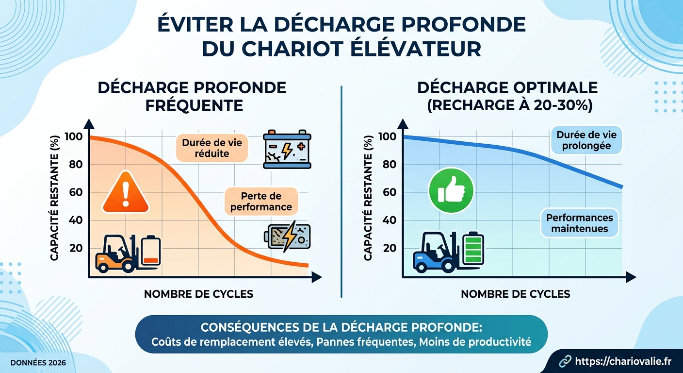 Décharge profonde batterie chariot : risques & solutions 3 Graphique corrélation profondeur de décharge DoD et cycles de vie batterie chariot élévateur