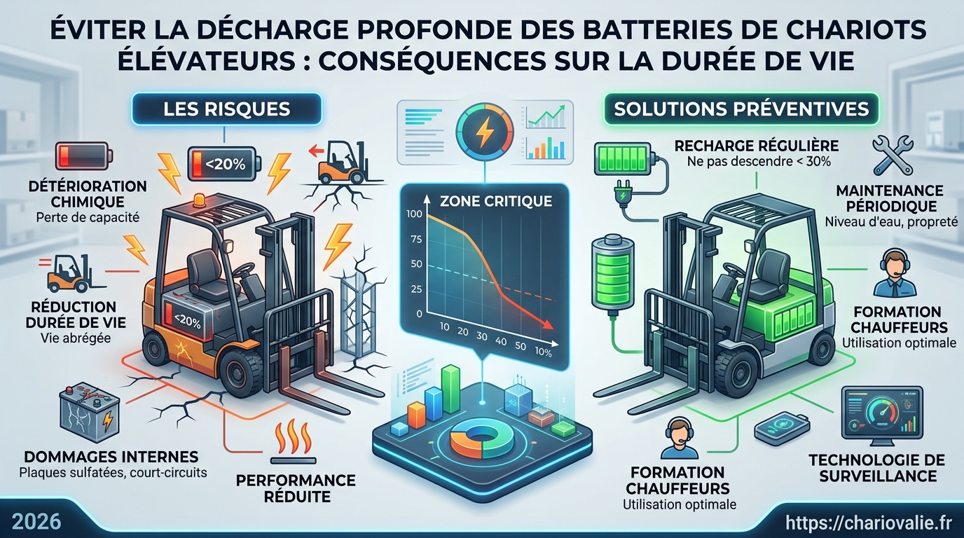 Décharge profonde batterie chariot : risques & solutions 5 Infographie 5 étapes éviter décharge profonde batterie chariot élévateur durée de vie