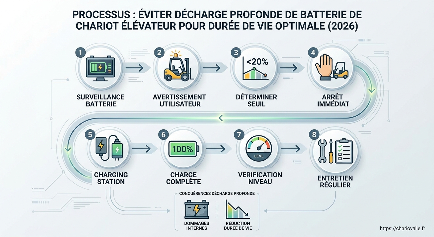 Décharge profonde batterie chariot : risques & solutions 6 Schéma processus gestion préventive batterie chariot élévateur durée de vie