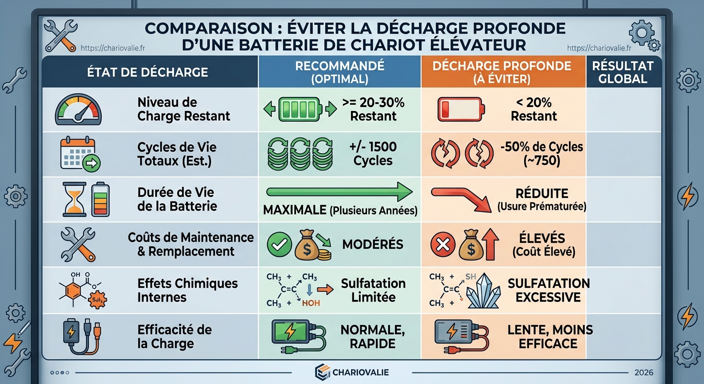 Décharge profonde batterie chariot : risques & solutions 4 Tableau conséquences décharge profonde sur durée de vie batteries chariot élévateur