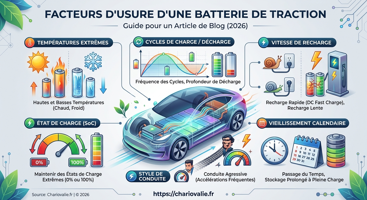 Infographie des 5 facteurs critiques d'usure batterie traction
