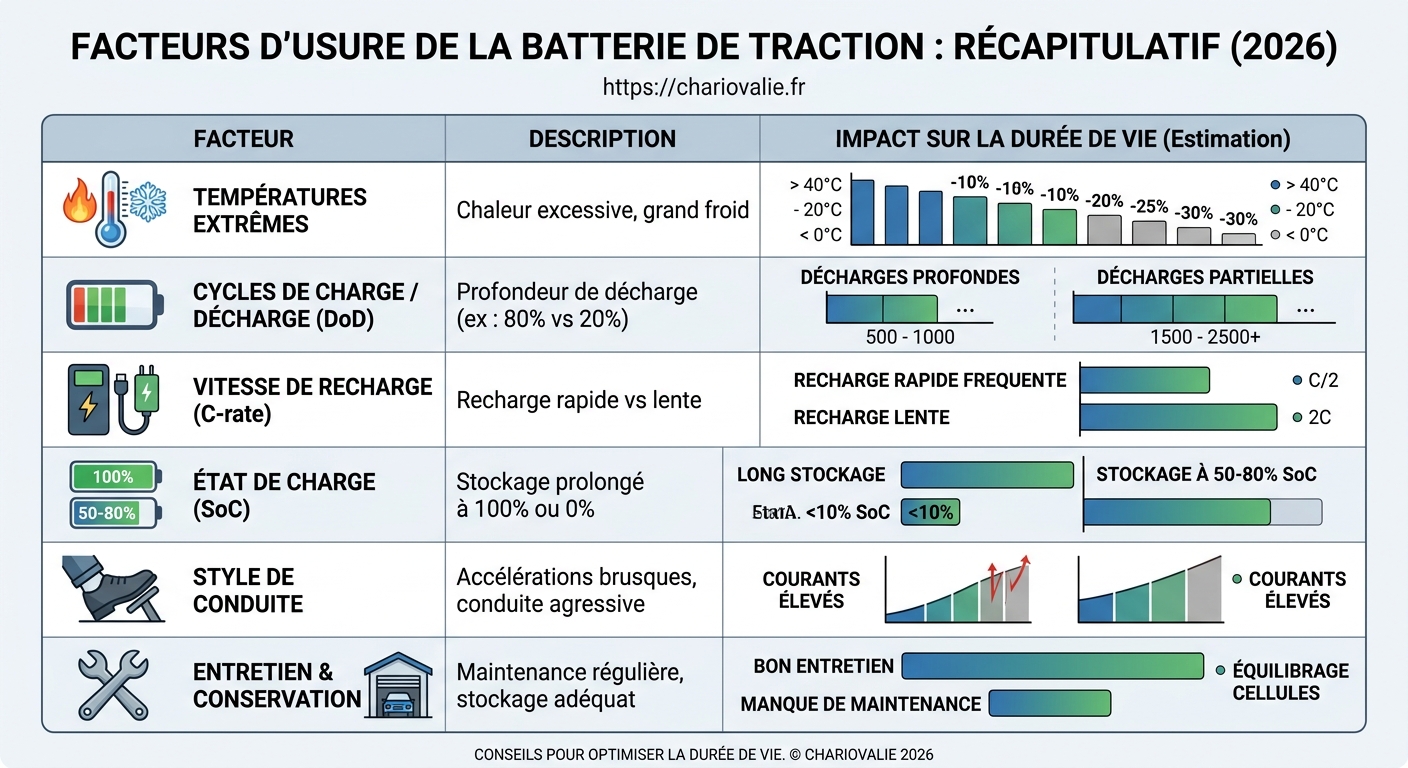 Tableau des facteurs d'usure batterie traction : DoD, température et SOH