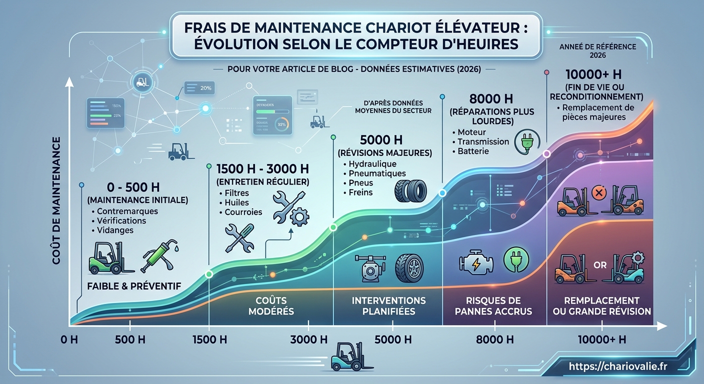 Infographie des frais de maintenance chariot élévateur selon nombre heures compteur par paliers
