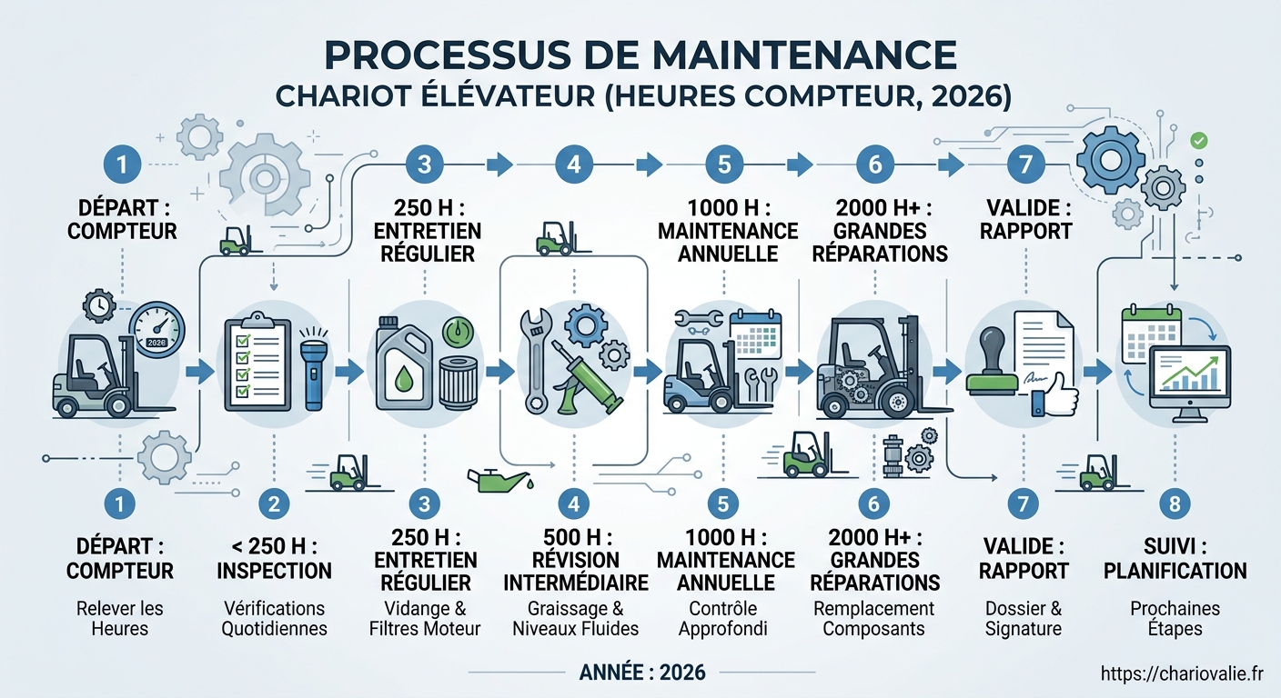 Schéma des étapes de calcul des frais de maintenance chariot élévateur par paliers d'heures