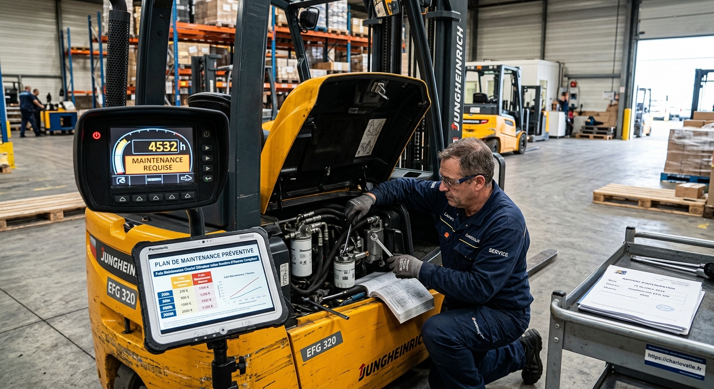 Technicien réalisant la maintenance préventive d'un chariot élévateur industriel