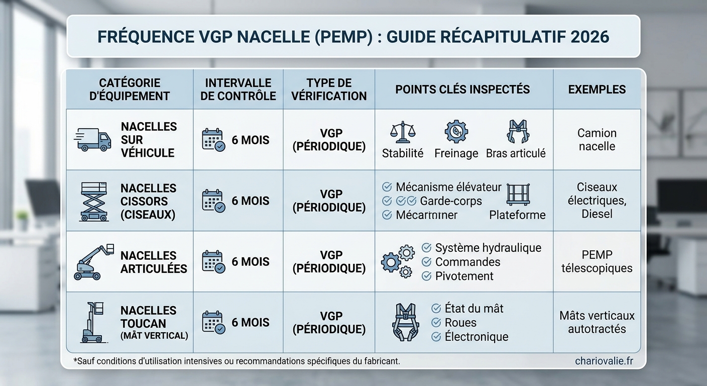 Tableau récapitulatif de la fréquence de contrôle VGP pour PEMP par type d'équipement
