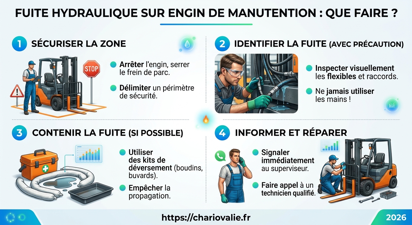 Schéma en 5 étapes pour réagir face à une fuite hydraulique sur un chariot élévateur