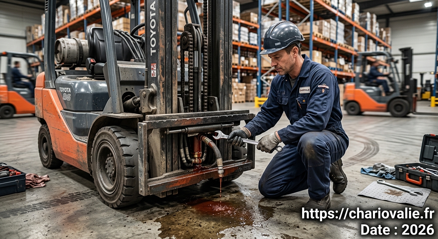 Technicien réparant une fuite hydraulique sur un engin de manutention