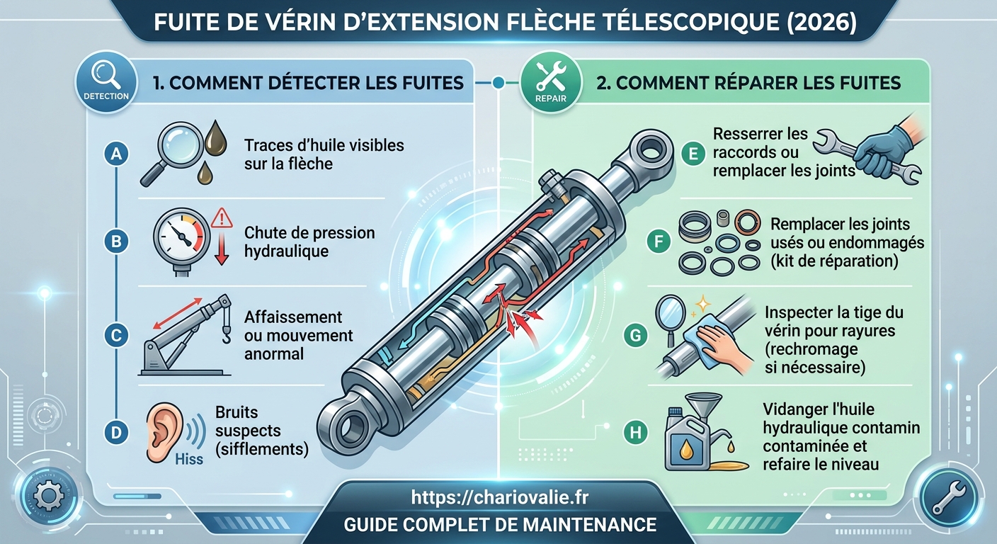 Schéma des 5 étapes de détection fuite vérin d'extension flèche télescopique