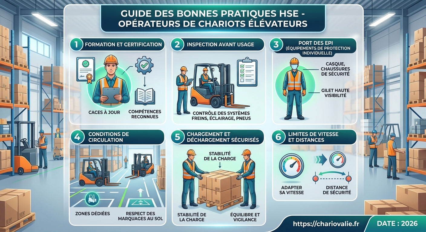 Infographie des bonnes pratiques HSE pour conducteurs de chariots élévateurs en entrepôt