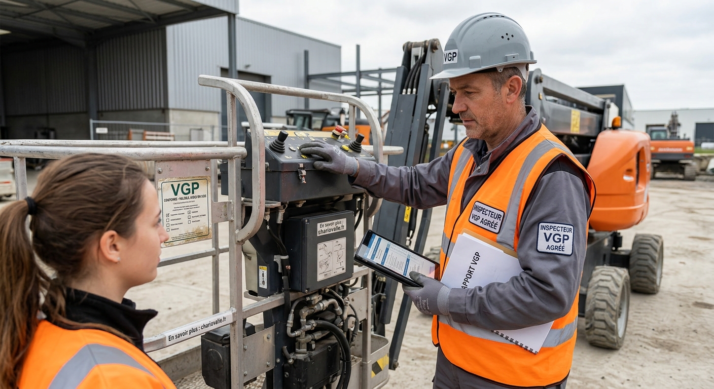 Inspecteur VGP nacelle : choisir un prestataire agréé 2 Expert inspecteur VGP contrôlant la conformité d'une nacelle élévatrice