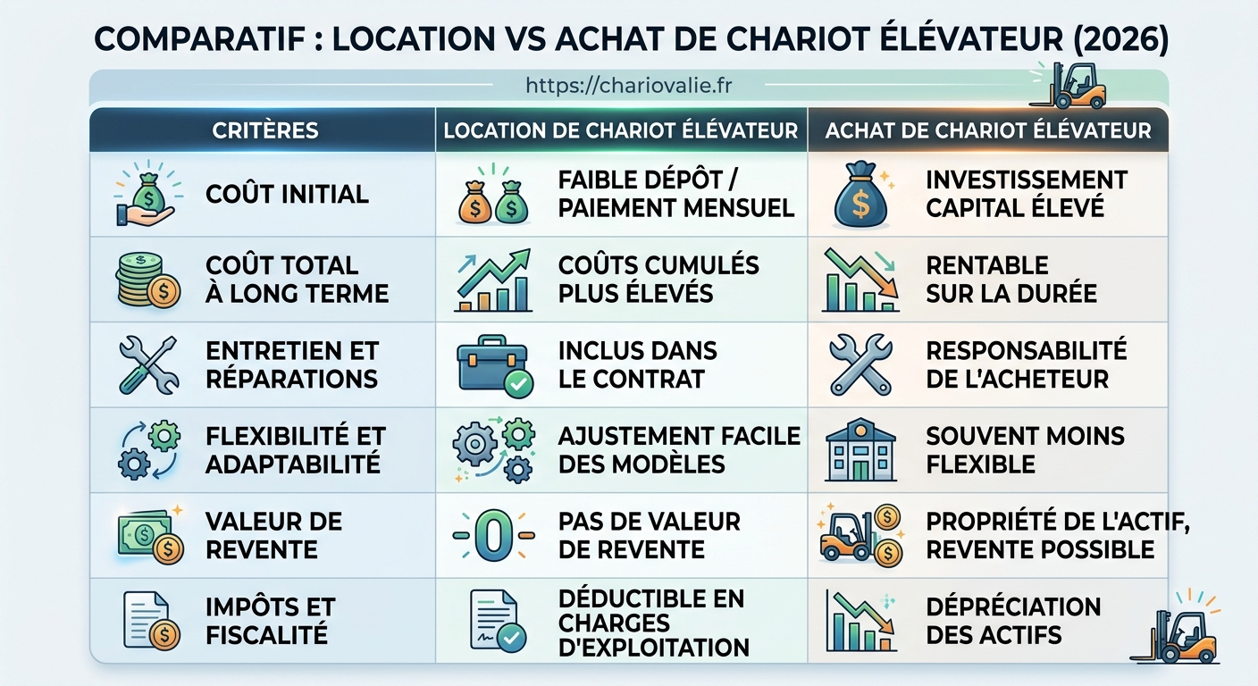 Tableau comparatif des avantages de la location ou de l'achat de chariot élévateur