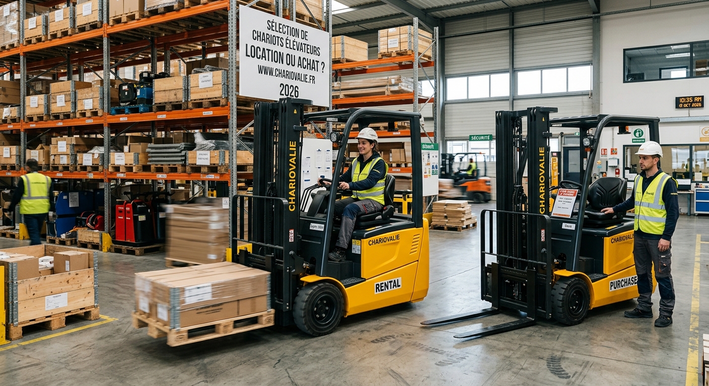 Chariot élévateur industriel dans un entrepôt logistique pour illustrer la location ou l'achat