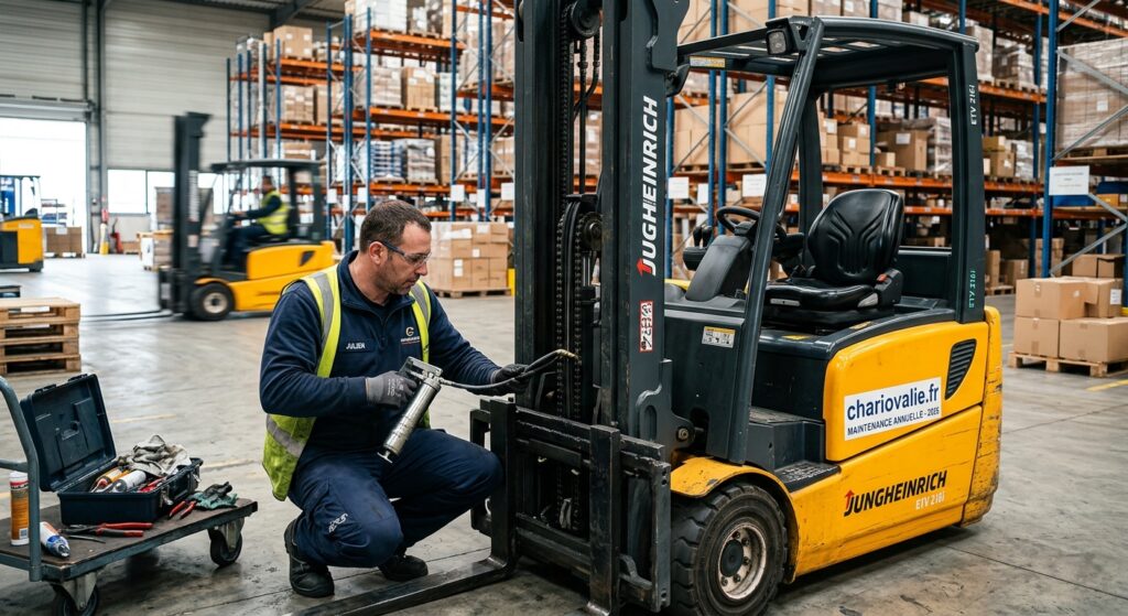 Technicien effectuant le graissage périodique d'un chariot élévateur dans un entrepôt logistique