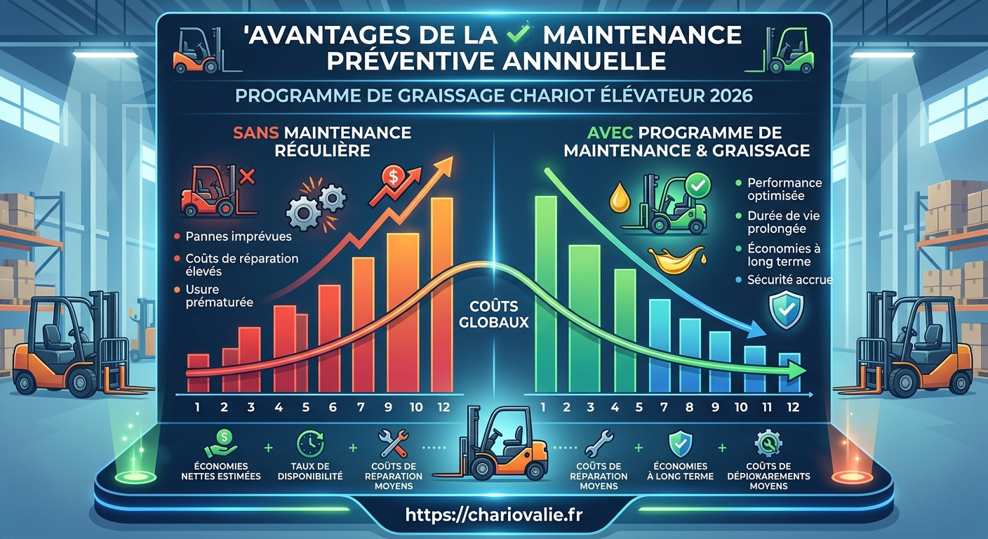 Graphique comparaison coûts graissage préventif contre réparation corrective chariot élévateur