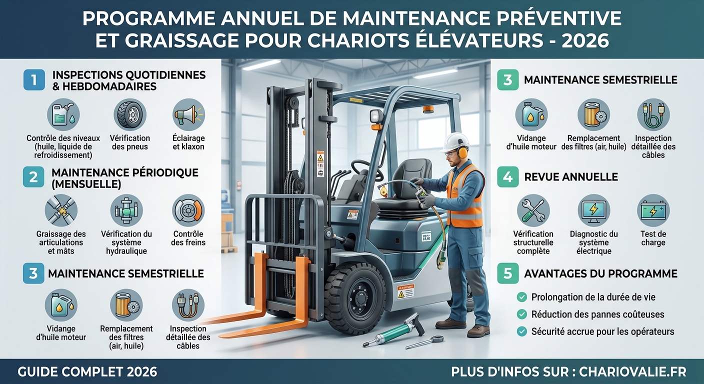 Infographie calendrier graissage et points de lubrification chariot élévateur entrepôt