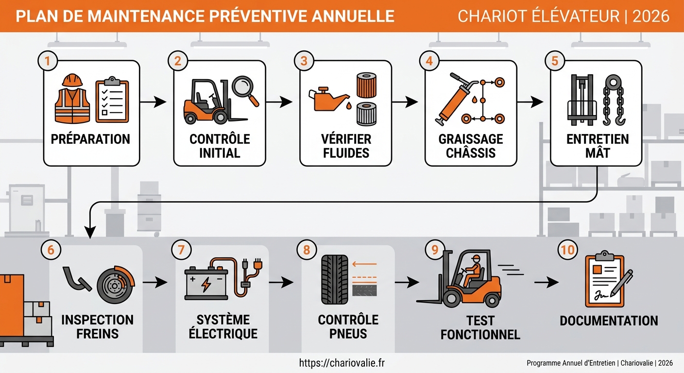 Schéma planification programme annuel maintenance préventive chariot élévateur entrepôt