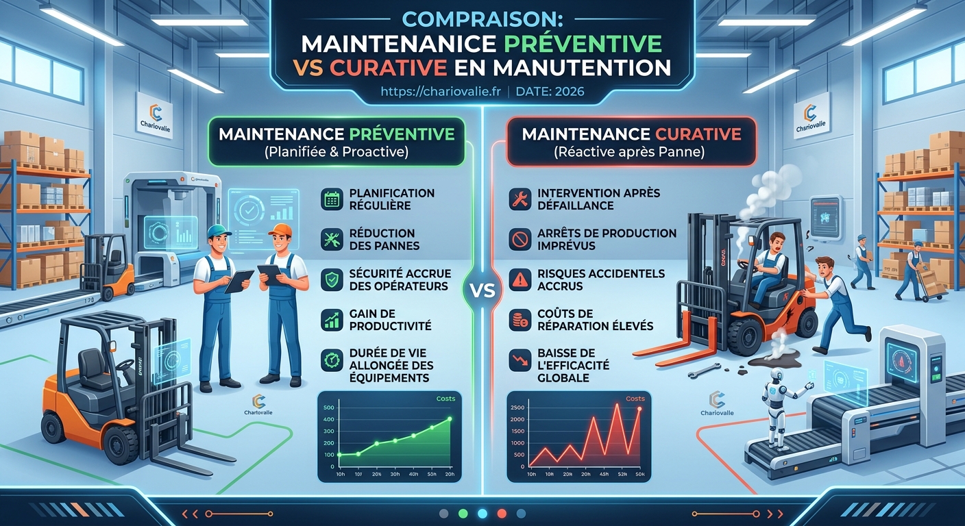 Schéma comparatif des processus de maintenance préventive et curative en manutention