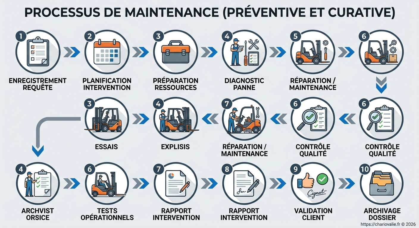 Schéma de processus de diagnostic et intervention pour équipement de manutention