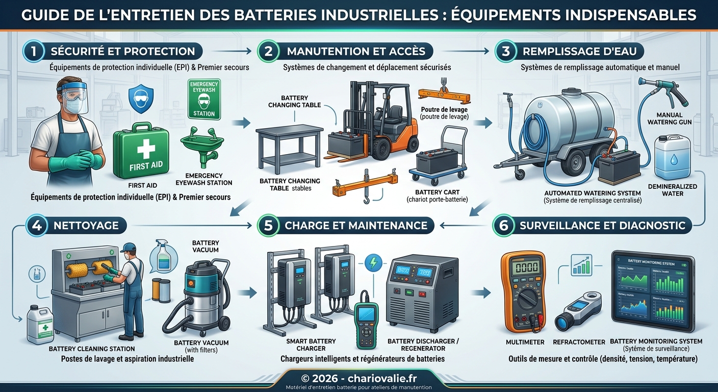 Infographie matériel entretien batterie industrielle : 5 étapes de maintenance atelier