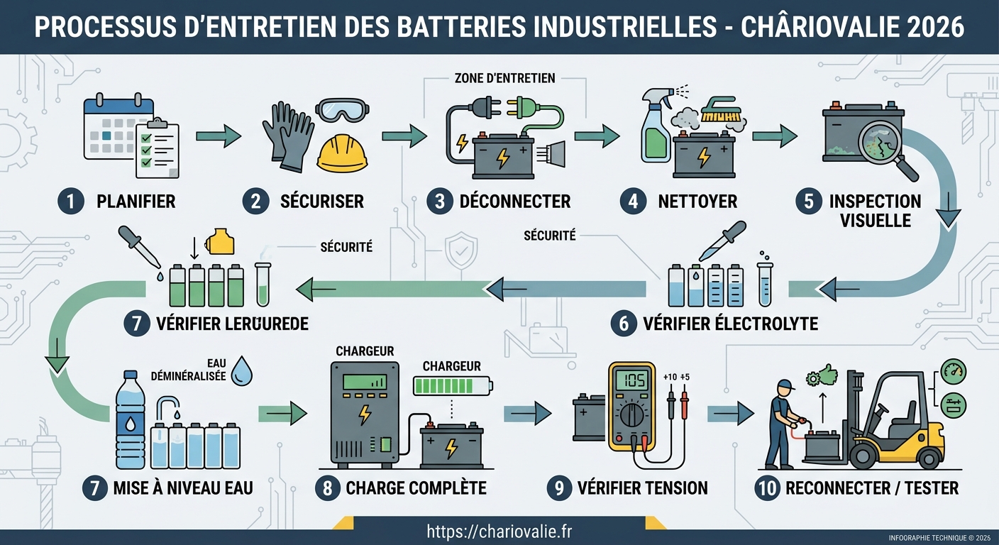 Schéma processus entretien batterie industrielle : contrôle, remplissage, test