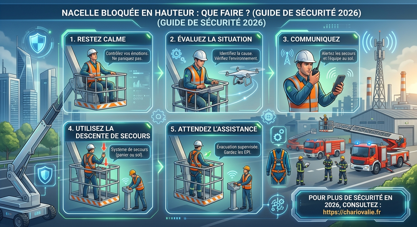 Schéma des étapes de secours pour une nacelle bloquée en hauteur