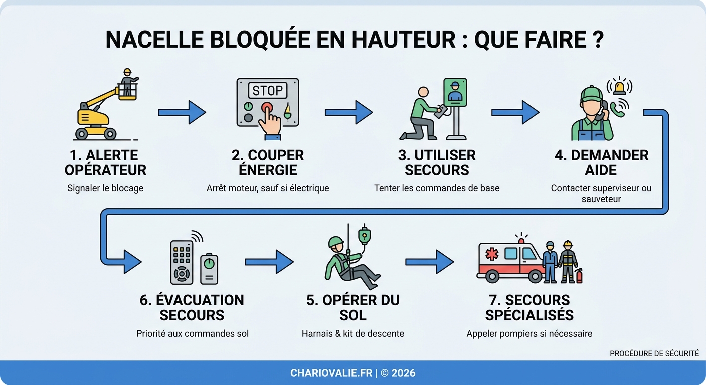 Procédure de descente manuelle d'urgence d'une nacelle bloquée en hauteur