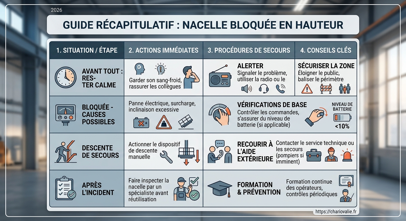 Tableau des procédures de secours pour nacelle bloquée en hauteur