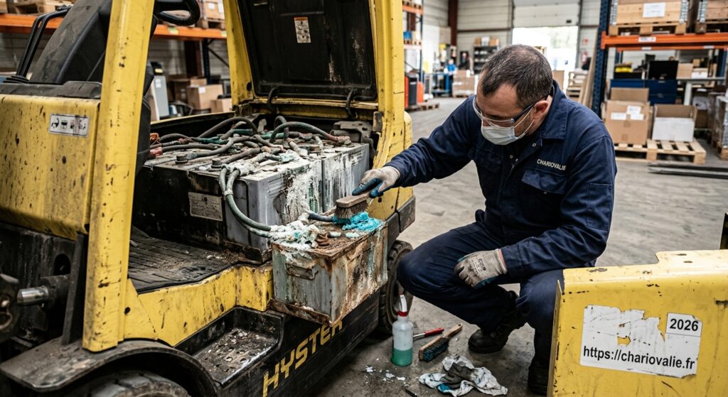 Technicien effectuant le nettoyage et l'entretien préventif d'un coffre de batterie de chariot élévateur pour éviter la sulfatation.