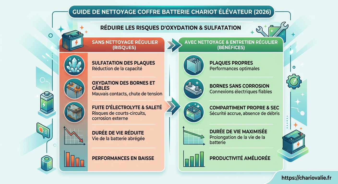 Graphique réduction 40% risques oxydation sulfatation avec nettoyage régulier bac batterie