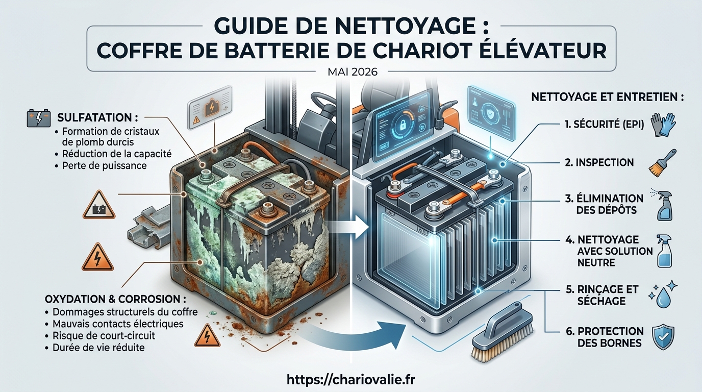 Infographie nettoyage coffre batterie chariot élévateur risques oxydation sulfatation en 5 étapes