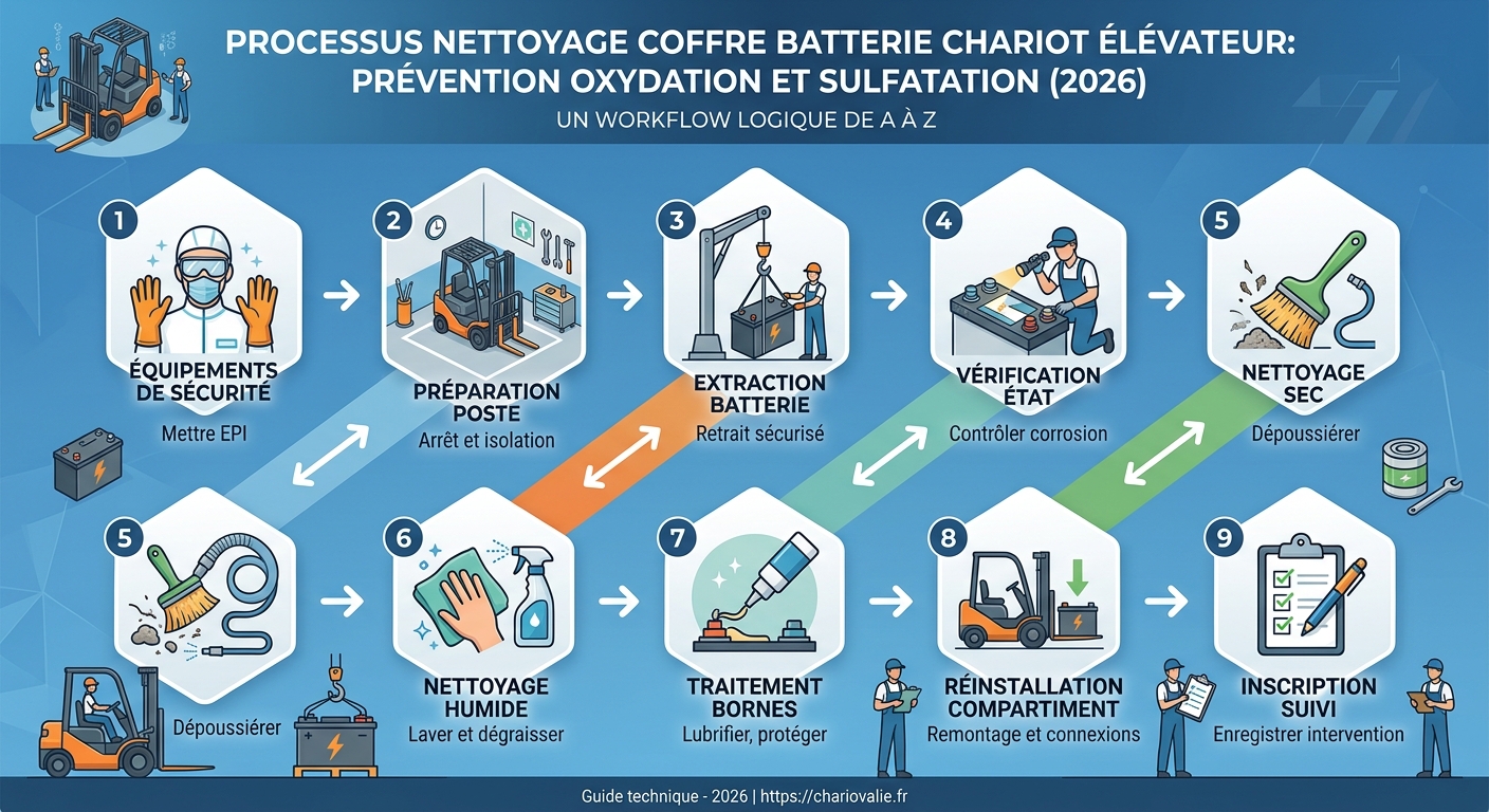 Schéma processus nettoyage coffre batterie chariot neutralisation acide brossage bornes