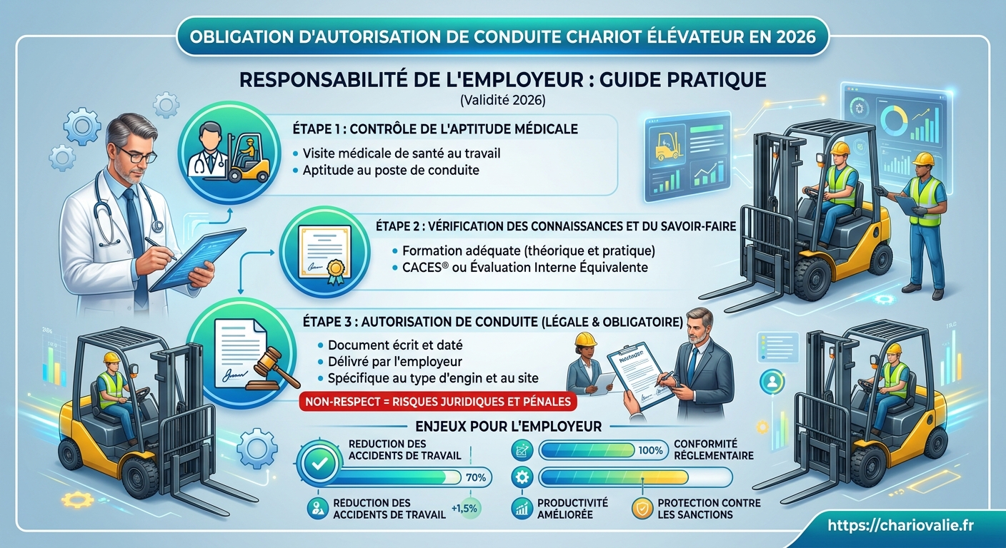 Autorisation de conduite chariot : obligation employeur 3 Schéma des 3 étapes obligatoires pour l'autorisation de conduite chariot élévateur employeur