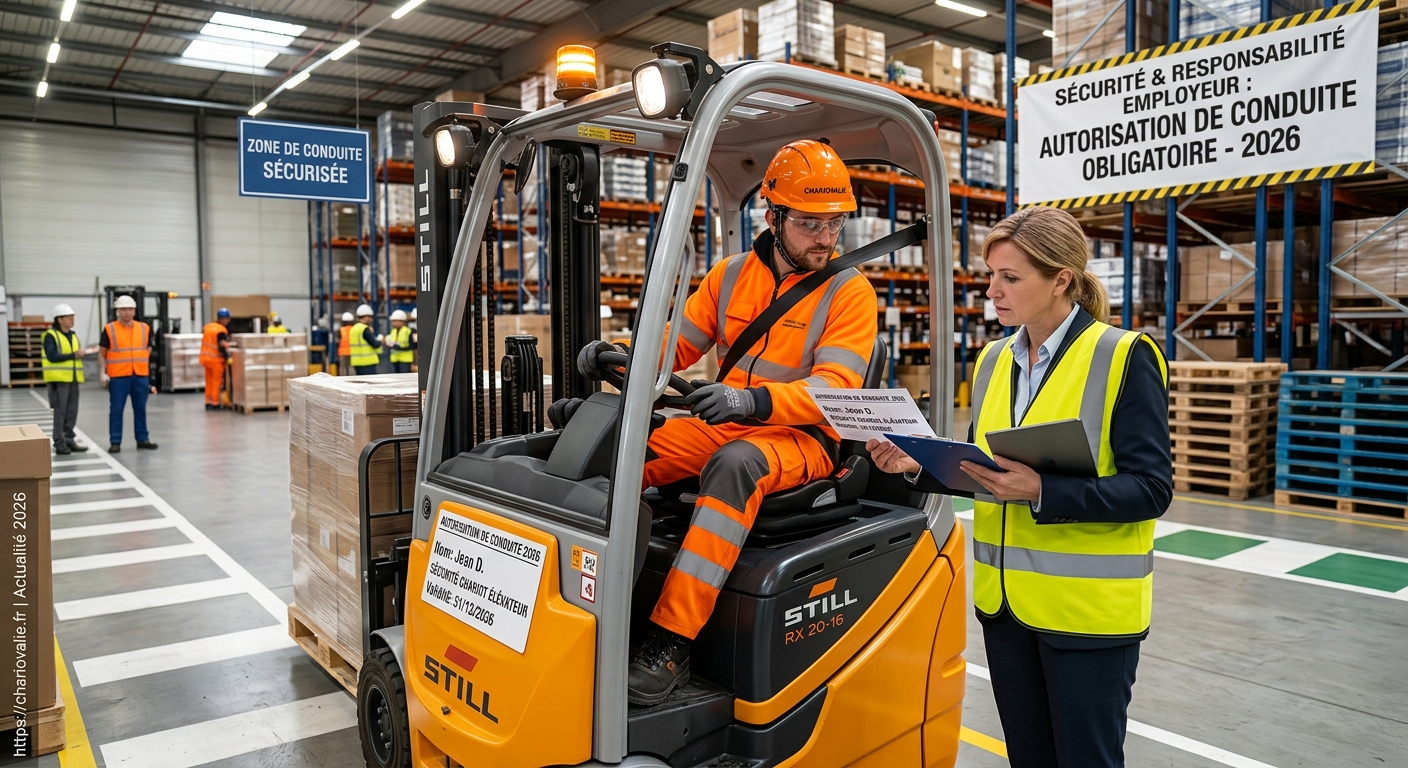 Autorisation de conduite chariot : obligation employeur 2 Opérateur utilisant un chariot élévateur en entrepôt sous la responsabilité de son employeur