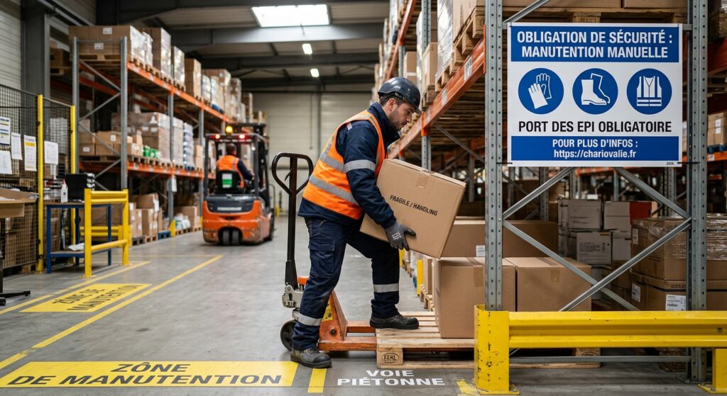Obligation de sécurité manutention : Le guide employeur 6 Employé utilisant des équipements de protection individuelle pour la manutention de charges lourdes