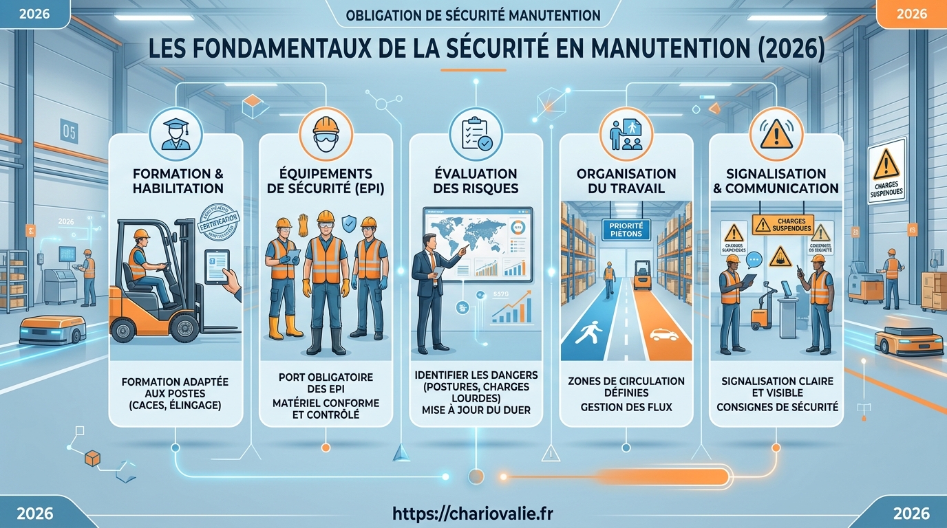 Obligation de sécurité manutention : Le guide employeur 4 Infographie des obligations de sécurité en manutention manuelle et mécanique 2026