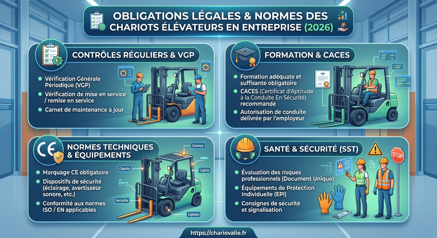 Schéma des obligations légales et normes de sécurité pour chariots élévateurs
