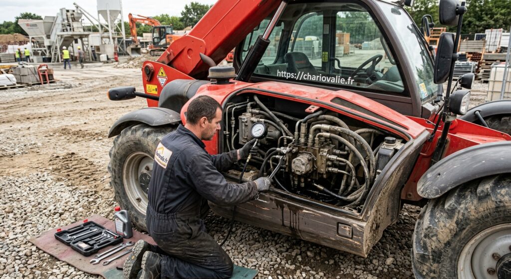 Technicien effectuant un diagnostic sur le circuit hydraulique d'un chariot télescopique