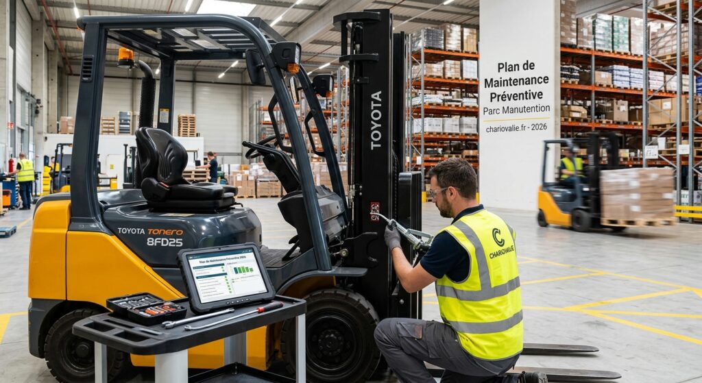 Technicien effectuant la maintenance préventive d'un chariot élévateur dans un entrepôt logistique