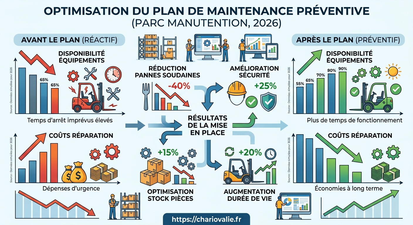 Graphique comparaison coûts maintenance préventive et curative parc manutention