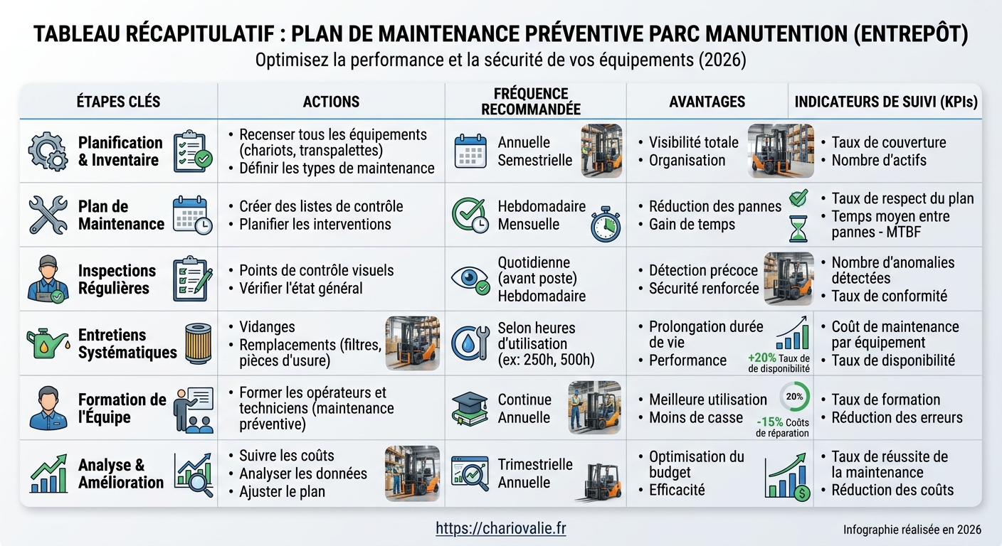 Tableau du plan de maintenance préventive pour parc de manutention en entrepôt