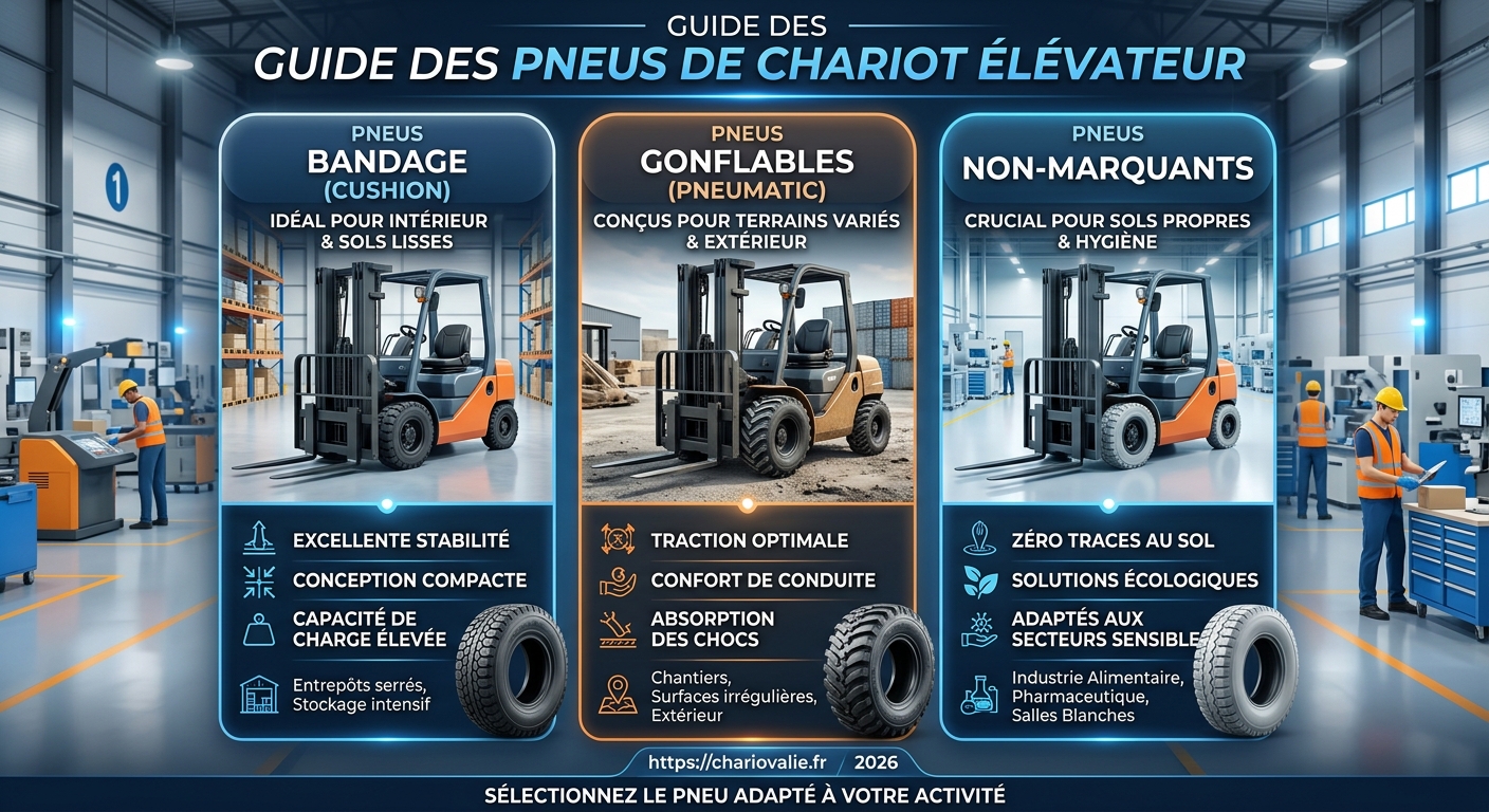 Pneus chariot élévateur: bandage, gonflable, non-marquant 3 Infographie comparatif pneus de chariot élévateur bandage gonflable non-marquant