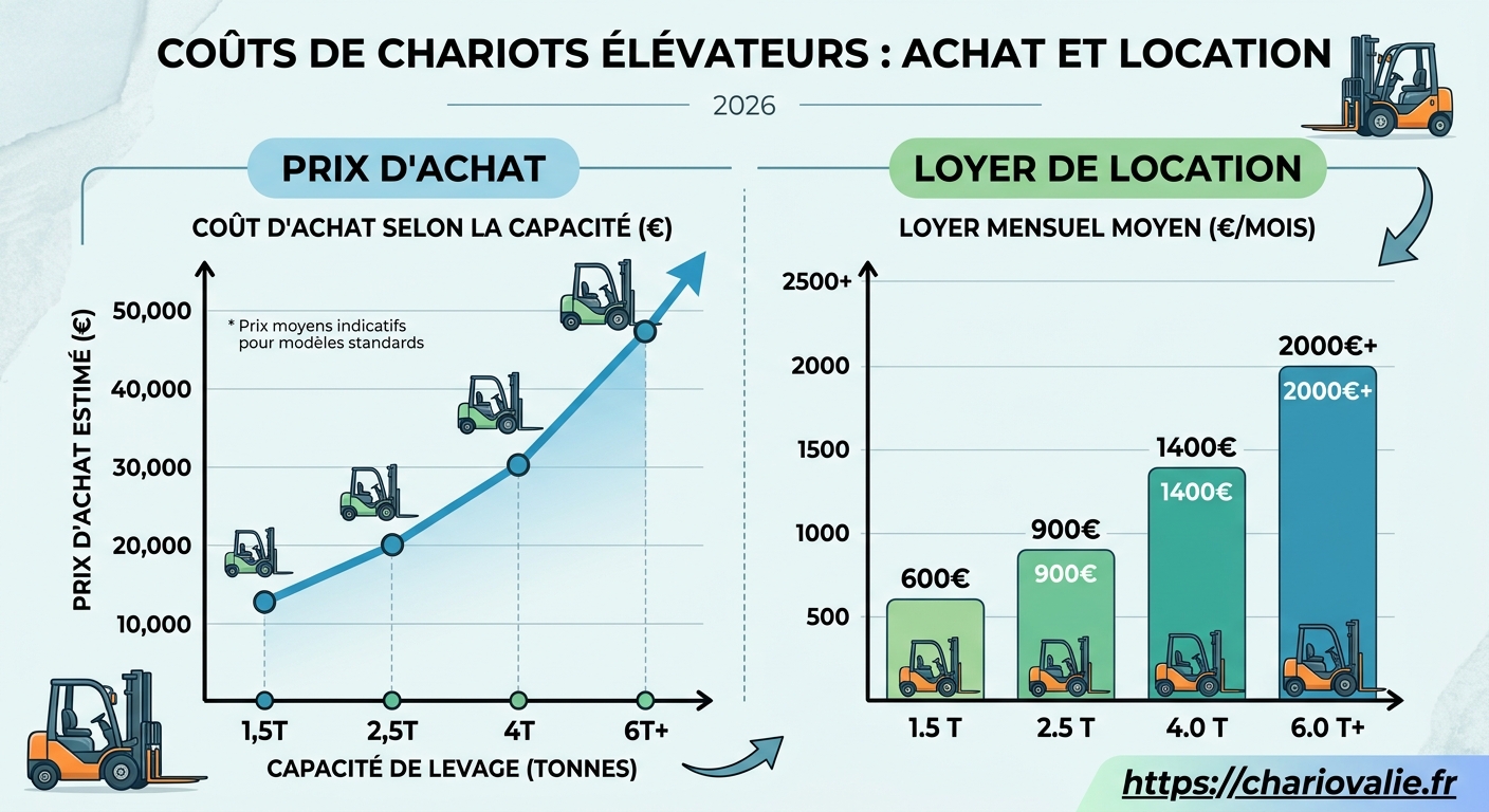Graphique comparaison coûts acquisition et location mensuelle chariot élévateur 1,5 à 8 tonnes
