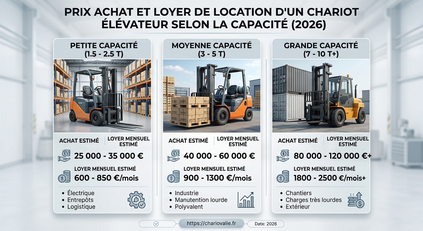 Infographie coûts achat versus location chariot élévateur selon capacité 1,5t à 10t
