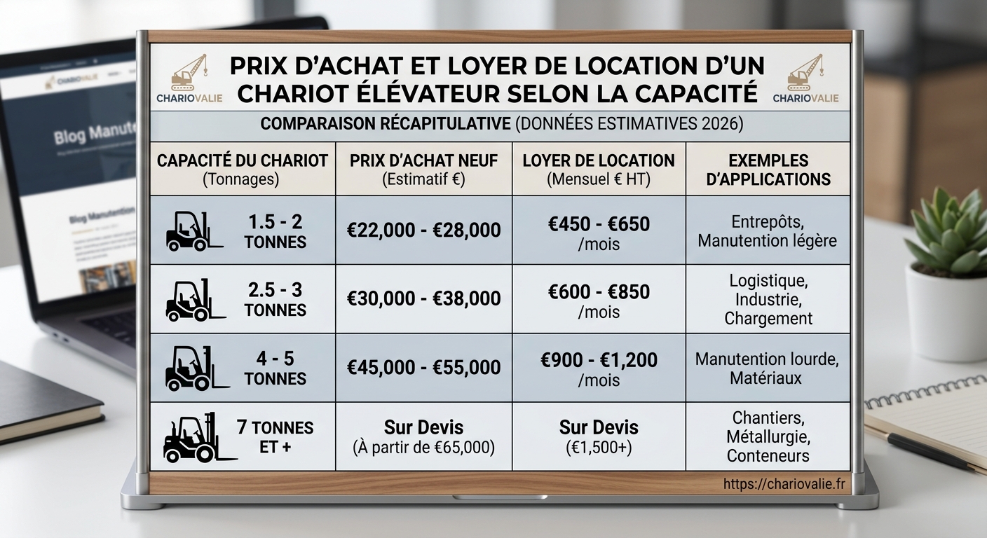 Tableau comparatif prix achat et location chariot élévateur 2026 selon capacité