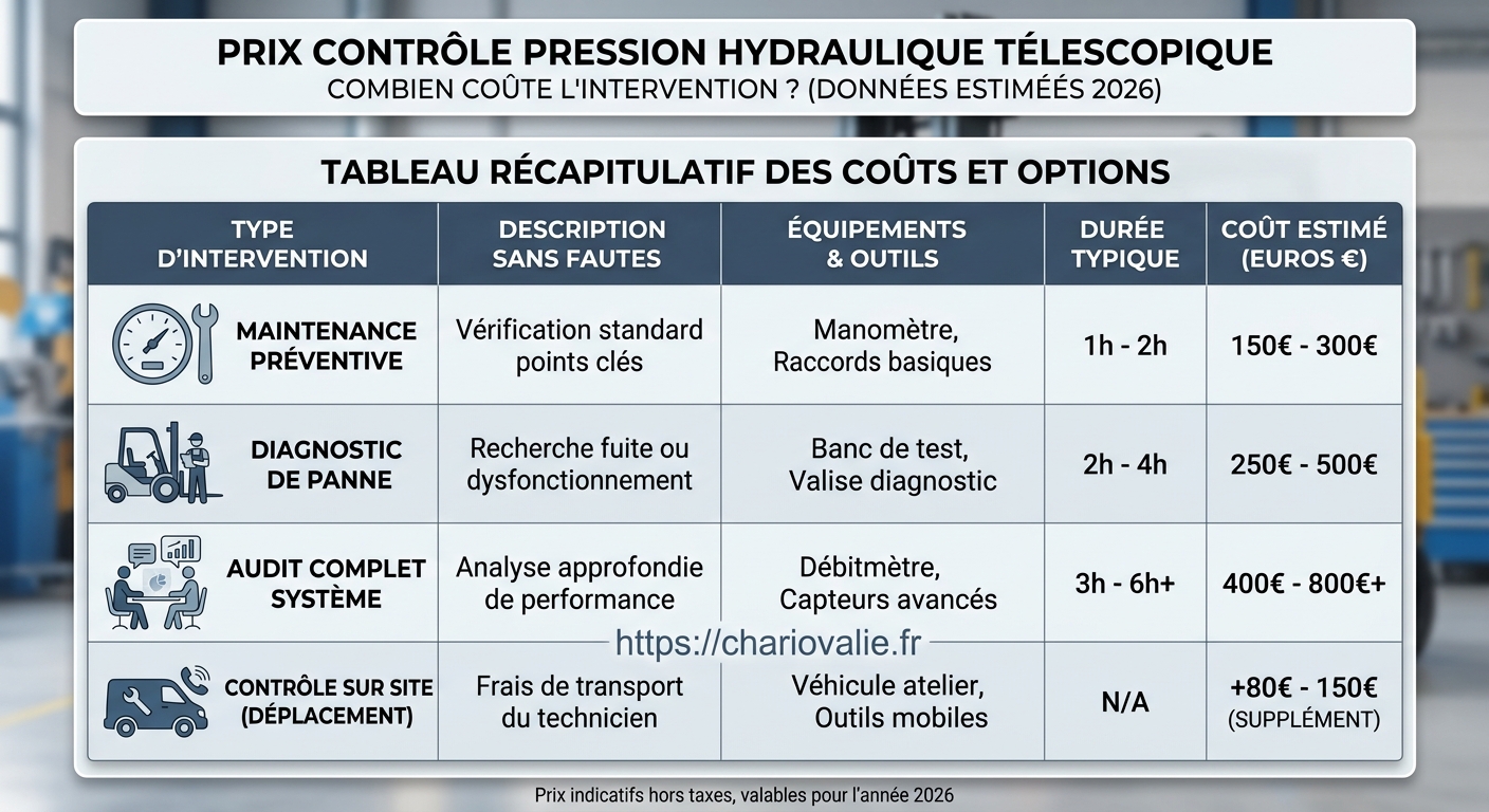 Prix contrôle pression hydraulique télescopique 4 Tableau comparatif des tarifs 2026 contrôle pression hydraulique télescopique